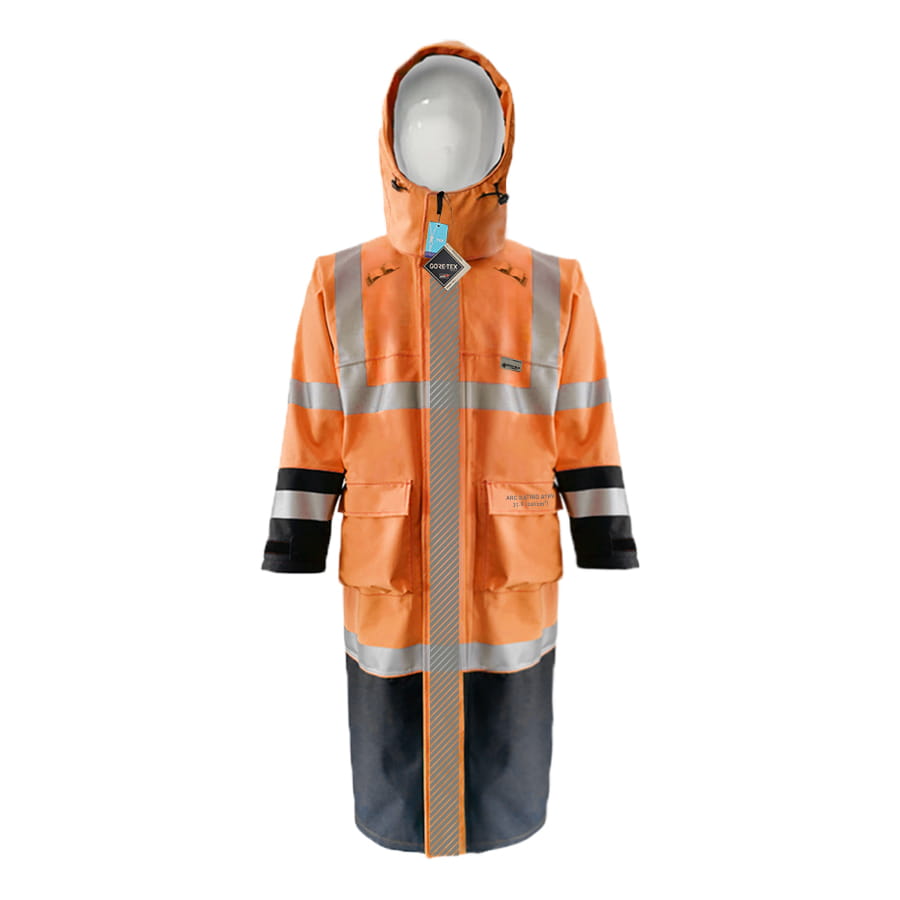 EXTREME GORE-TEX PYRAD® CAT 3 FR/ARC Rated Breathable High Visibility Rainwear Trench Coat Orange/Black